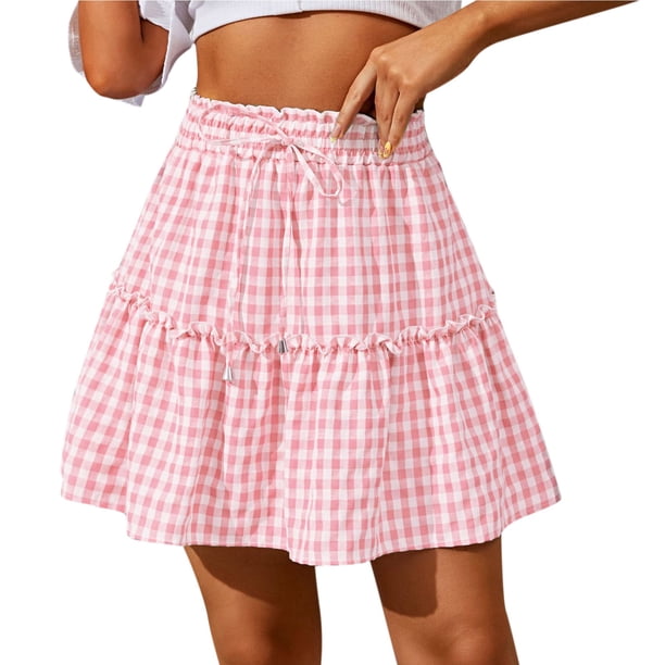 Gibobby faldas de lentejuelas para mujer 2023 falda drapeada con estampado a cuadros para mujer, Falda corta a cuadros Retro elástica de cintura alta(Rosa, M)