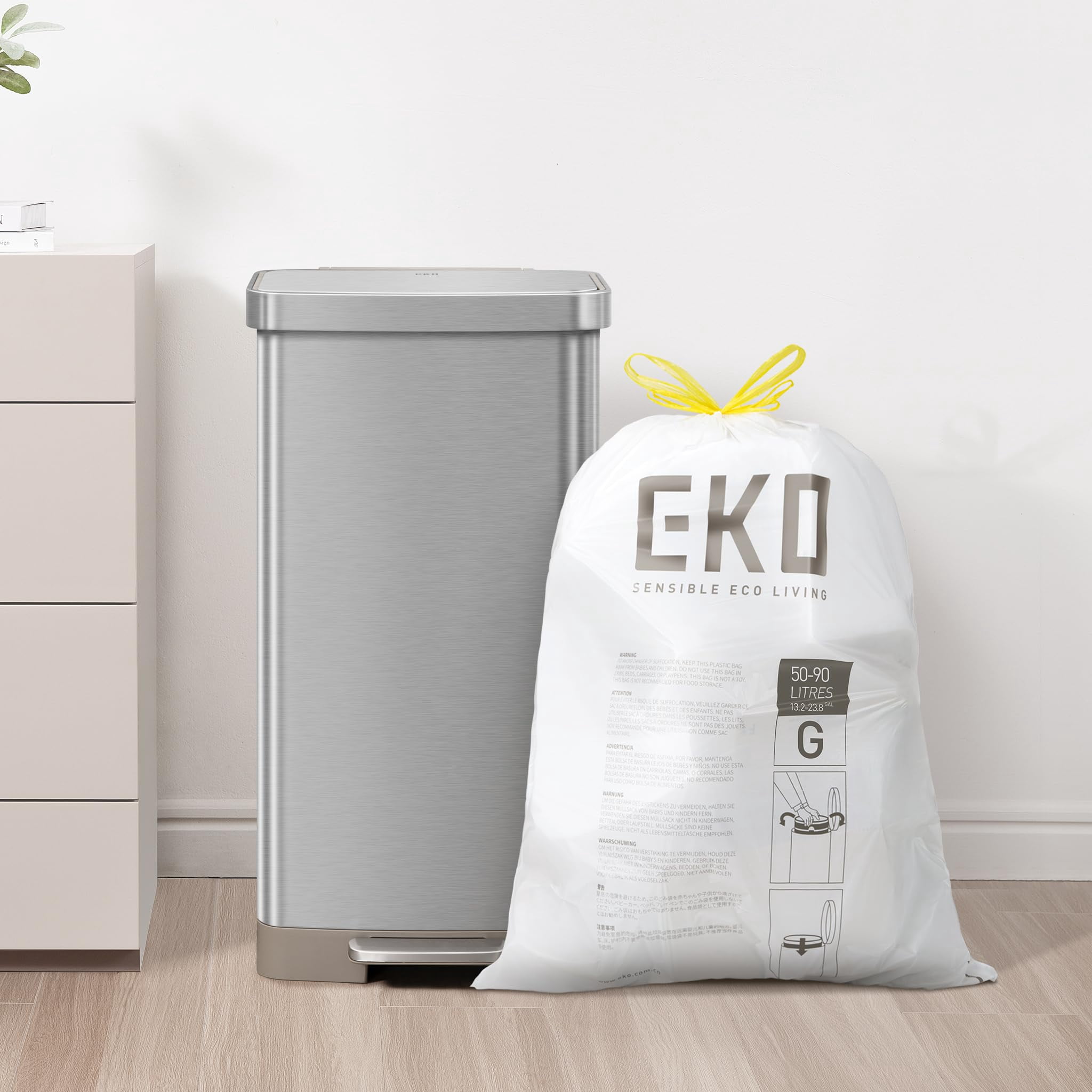 Eko 21 Gallon / 50-90 Liter  60 Count Drawstring Trash Bags Extra-strong Garbage Fresh Floral Scent With Continuous Odor Control Easy-dispense Roll For Kitchen And Household Use Code G White