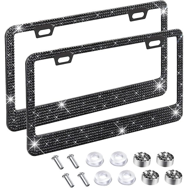 Paquete de 2 marcos negros para matrículas de coche para mujeres, cubierta brillante de la placa de diamante, soporte de placa de coche con diamantes de imitación brillantes, soporte de placa de acero Feliz Sencillez