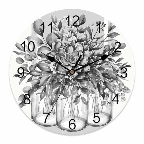 Wall Clock Grey Eucalyptus Leaves Clocks PVC Silent Non-Ticking Battery Operated Decorative Floral Bottle Stripes Round Clock for Home Living Room Kitchen Bedroom Office School Wall Decor 14 Inch