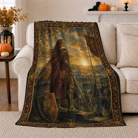 Medieval Warrior with Owl and Castle Sunset Regal Fantasy Style for Medieval Art Lovers Shield Banner Motif and Birthday Gift Soft Flannel Blanket for Study Room Home Decor