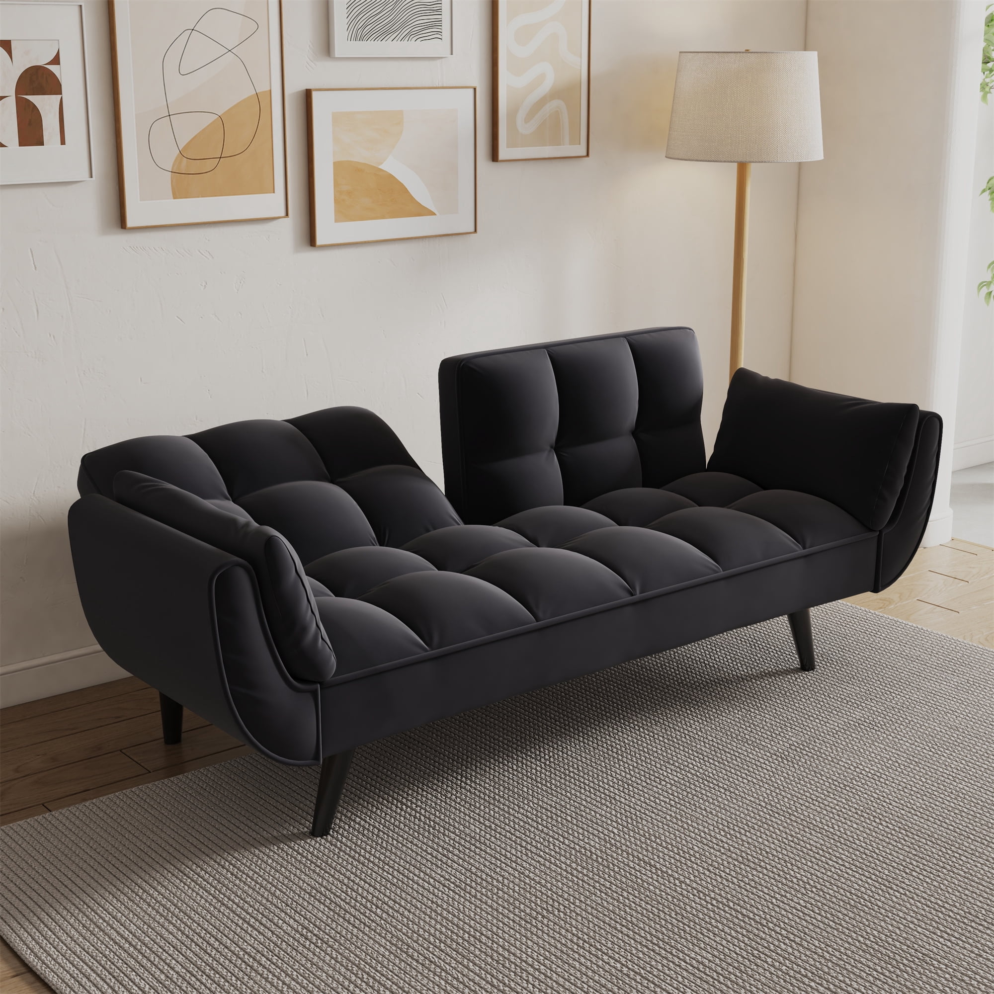 Aukfa 75" Flared Arm Futon Convertible Sofa Bed, Velvet Sleeper Couch for Home Office, Black