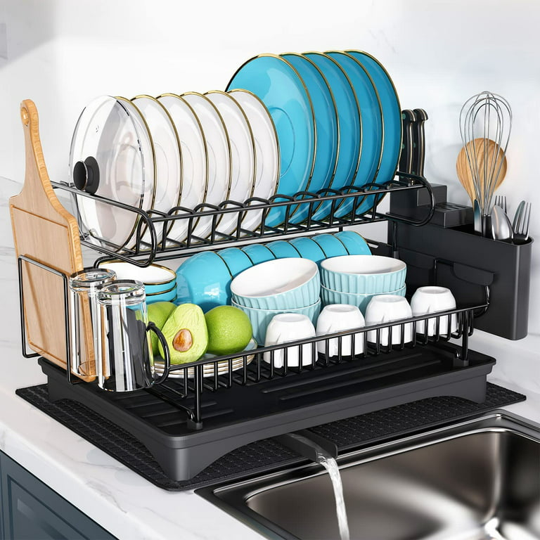 Dish Drying Rack and Drainboard Set, 304 Stainless Steel Large 2 Tier Dish  Rack with Auto-draining Tray and Drying Mat for Kitchen Counter Dish