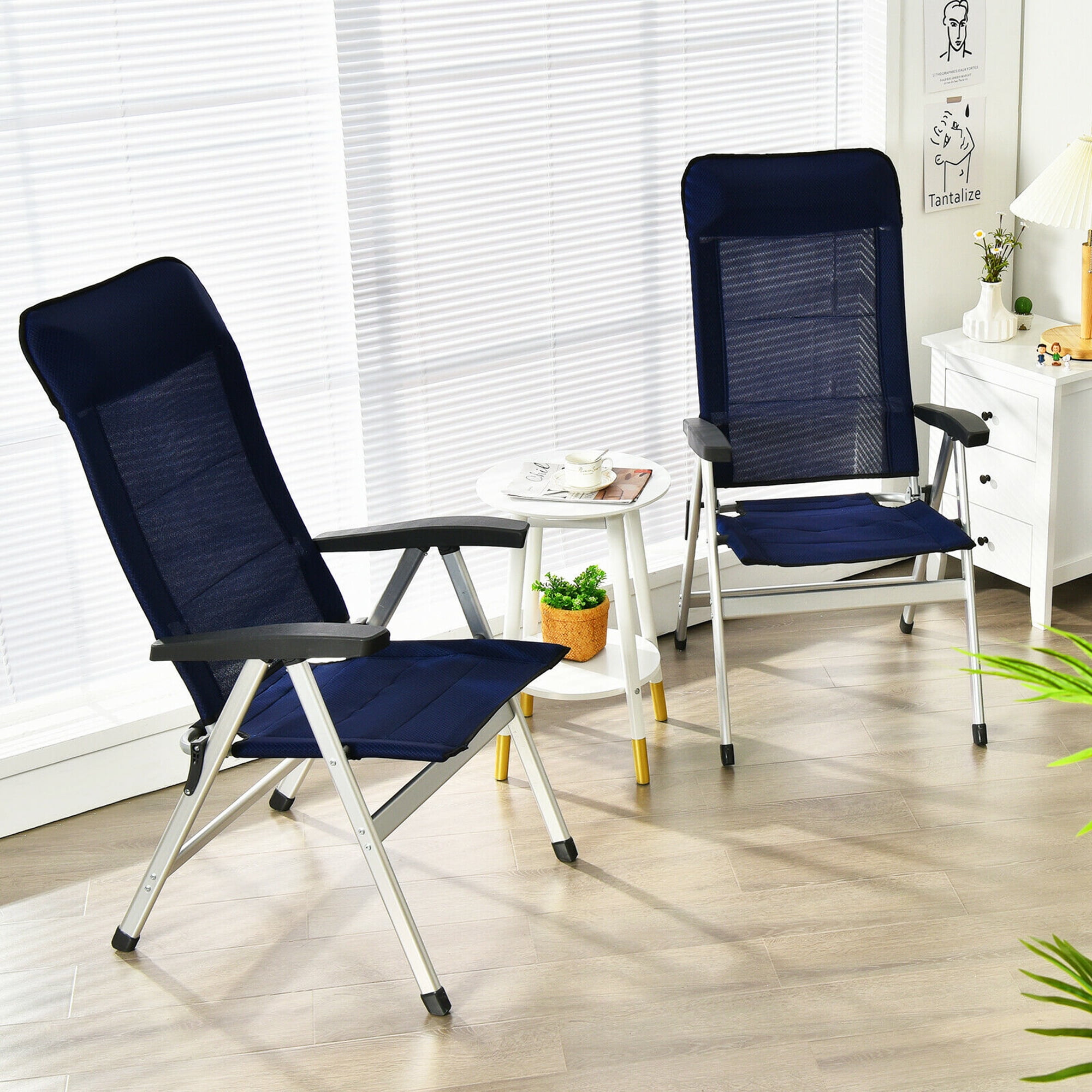 Gymax 2PCS Patio Dining Chair Aluminum Camping Adjust Portable Headrest Navy