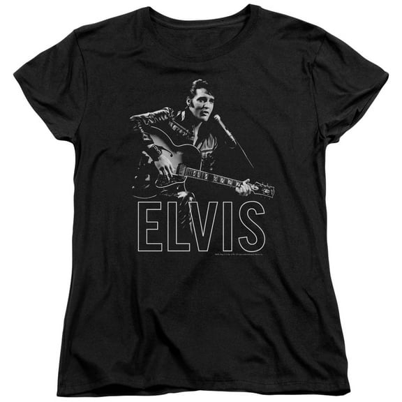 Trevco ELV773-WT-3 Elvis Presley & Guitar in Hand-Short Sleeve T-Shirt for Womens, Black - Large