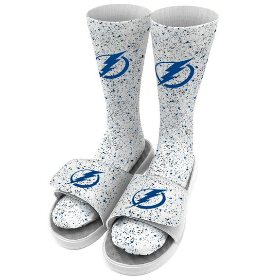 Men's ISlide White Tampa Bay Lightning Speckle Socks & Slide Sandals Bundle