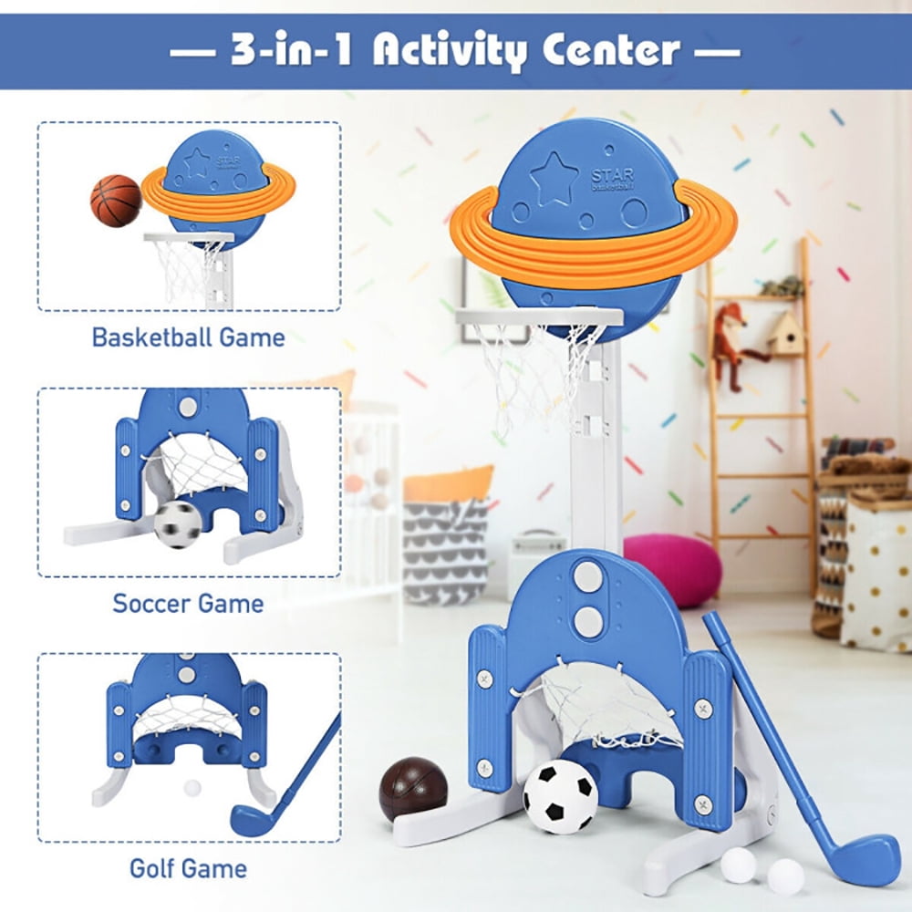 Demifill Toddlers Basketball Hoop Stand, 3 in 1 Kids Basketball Hoop Set with Balls, Portable Indoor Outdoor Activity Playset Gift for Kids, Blue