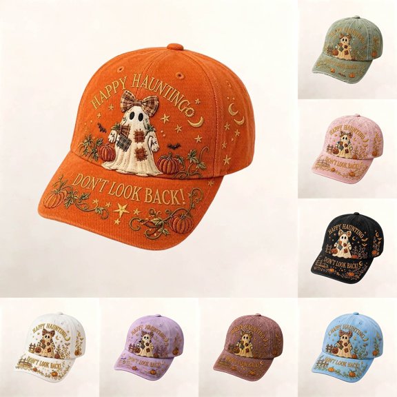 3D Halloween Embroidered Baseball Cap for Women, Adjustable Cotton Hat with Witch, Ghost, Pumpkin & Bat Design