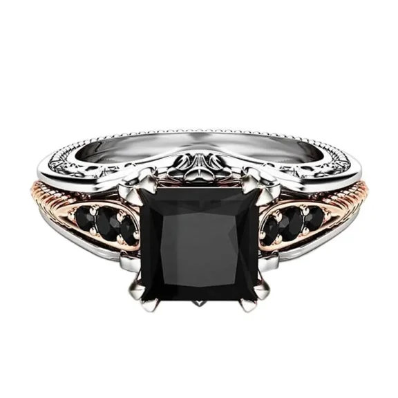 APIPEE Square Cut Black Tourmaline Cocktail Ring for Women – 925 Sterling Silver, Size 6 to 11