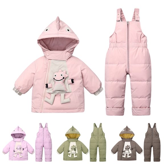 Jinhomg Cute Snowsuit for Baby Girls Funny Cartoon Design Hooded Puffer Coat with Snowboard Overalls 2 Piece 2026 Fashion Ski Suit Daily Wear Green 12 Months