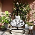 thumbnail image 3 of Harper & Bright Designs Outdoor Hanging Chair with Stand, Indoor Foldable Rattan Egg Swing Chair with Iron Frame and Plush Cushion & Removable Headrest for Porch Garden Balcony, Black+ Gray, 3 of 20
