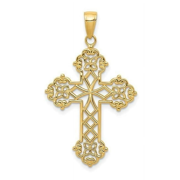 Finest Gold 14K Yellow Gold Lacey Budded Cross Pendant