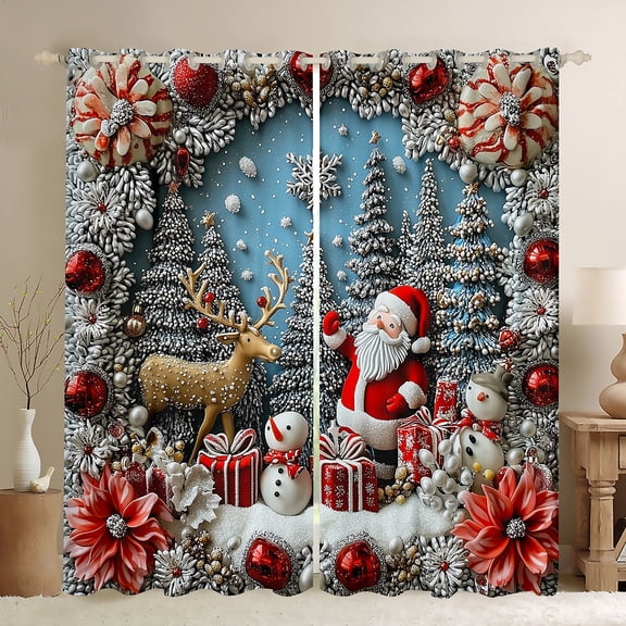 Feelyou Kawaii Santa Claus Black Out Curtains, Winter Pine Deer Curtains Pack of 2 (42x63 Each), Cartoon Christmas Floral Bedroom Curtains, Window Curtains Room Decor