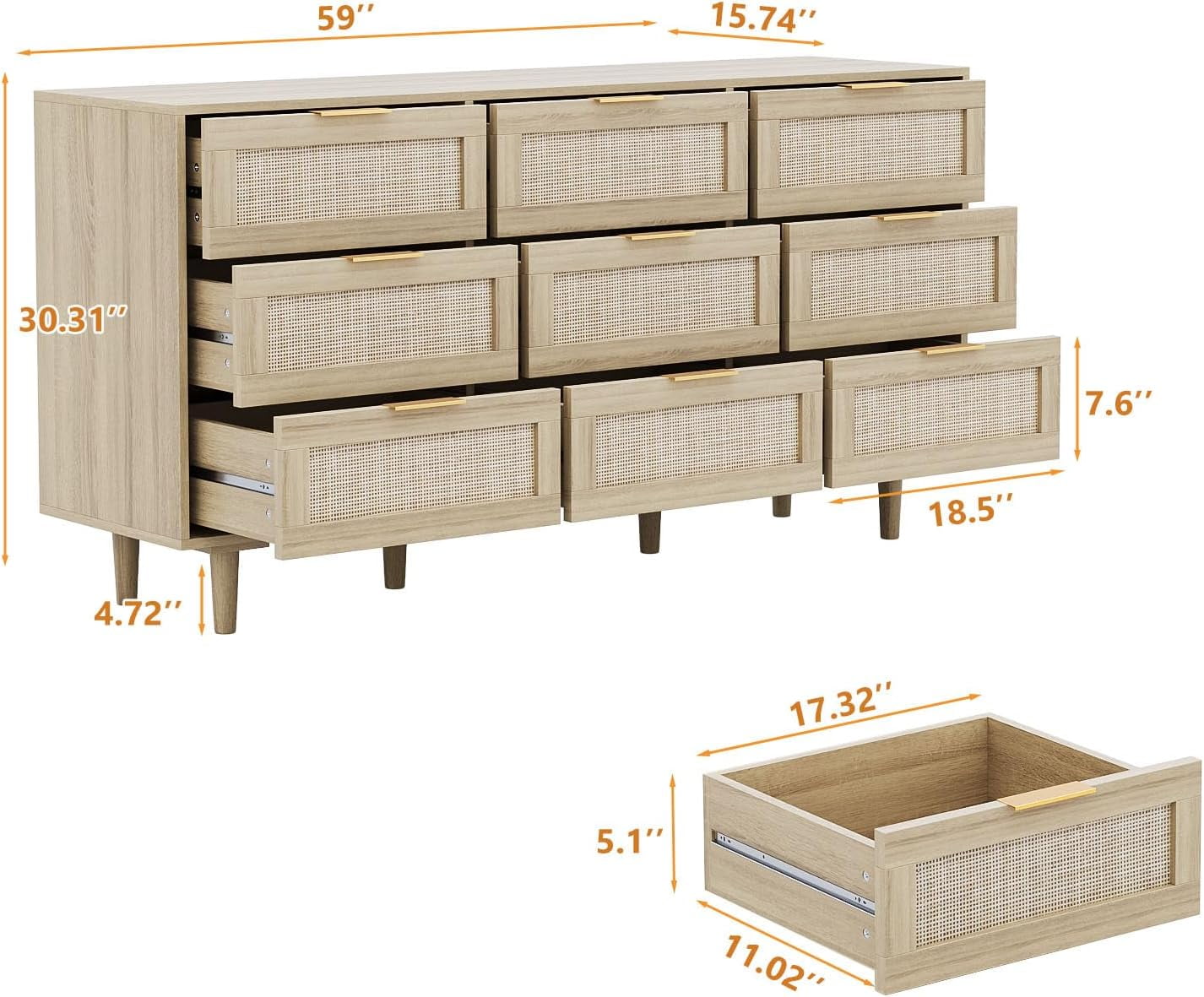 HoopieHome 59'' Boho 9 Drawer Dresser for Adult Bedroom – Rattan, Golden Handles, Wood Legs, Anti-Tipping, Clothes Storage Cabinet