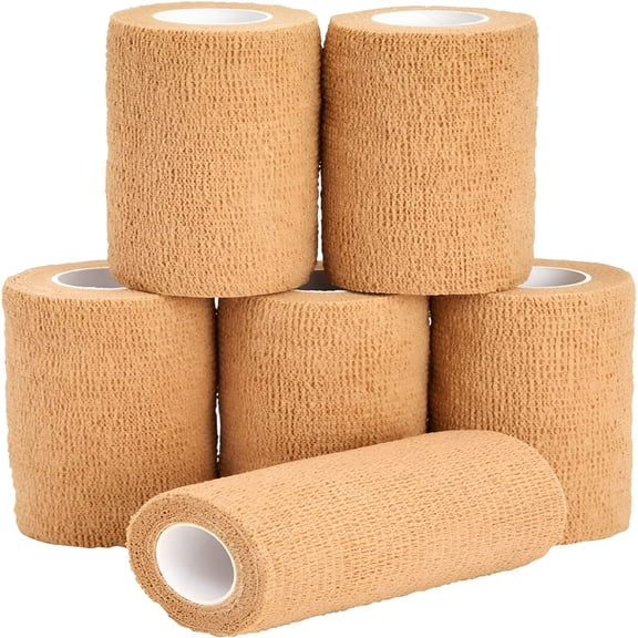 QARUN 6-Rolls of Tan Medical Self Adhesive Bandage Wrap 4 Inch x 5 Yards,Breathable Cohesive Vet Tape for First Aid Kits,Sports Injuries,Wrists,Ankles,Athletics