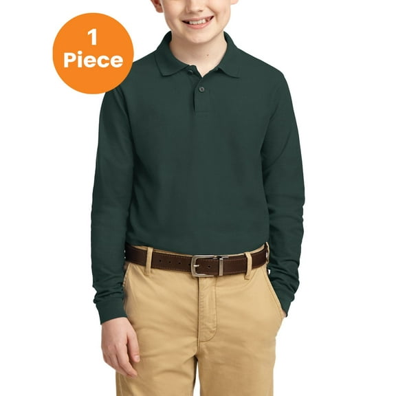 Port Authority Y500LS Youth Long Sleeve Silk Touch Polo, Dark Green, L, Boys Polo Shirts