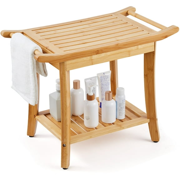 VEVOR Bamboo Shower Bench, 24 x 13.8 x 18.9 in, Waterproof Shower Stool Chair with Storage Shelf Handle,300 lbs Load Capacity Spa Bath Seat Organizer, for Adults Seniors Women Elderly Indoor Outdoor