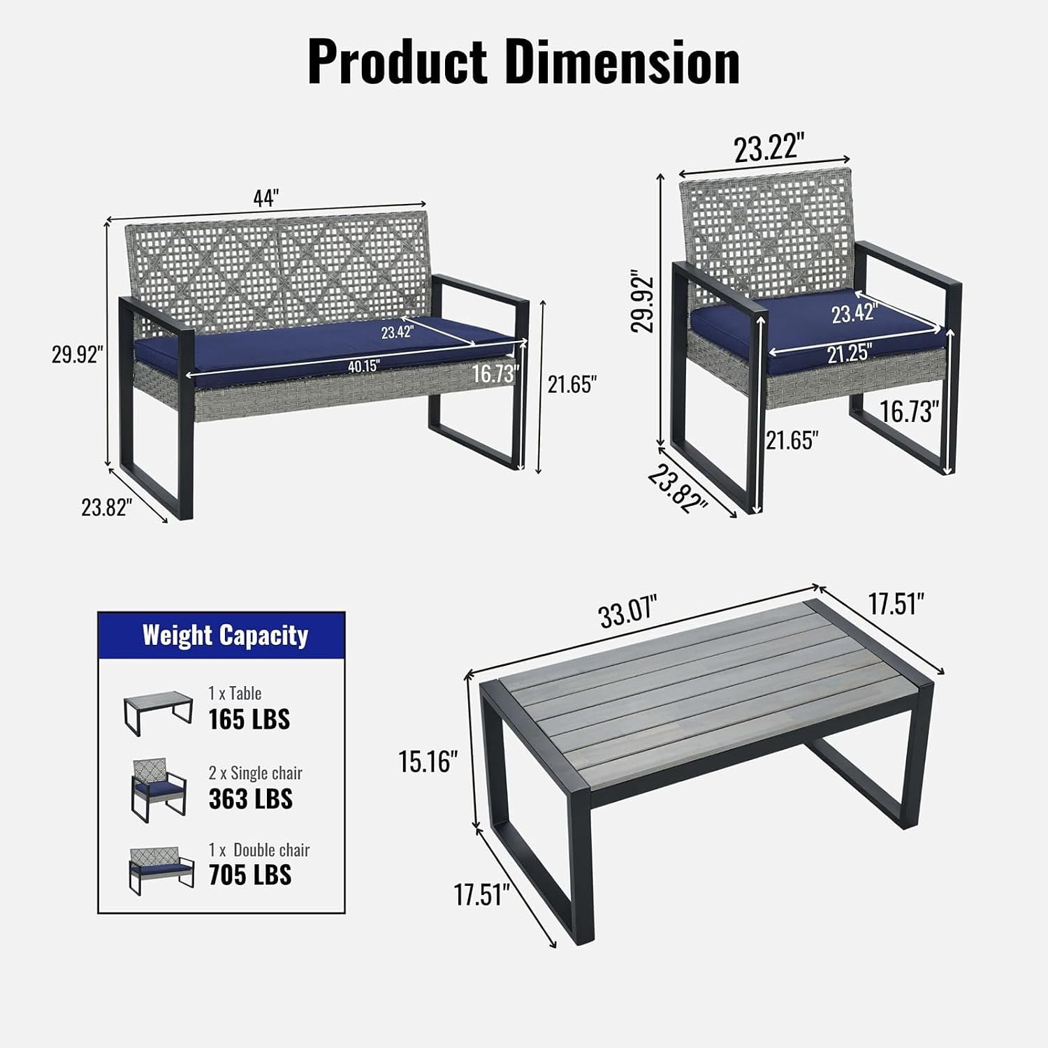4-Piece Outdoor Patio Furniture Set, Acacia Wood Table Top, Light Gray Rattan with Blue Cushions