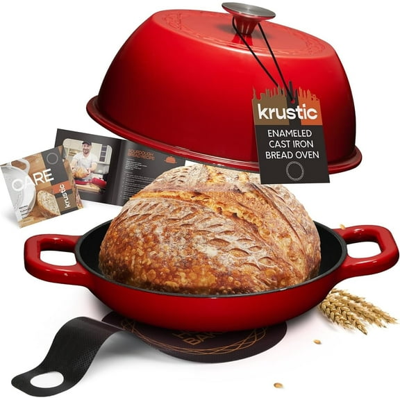 Krustic 6 Qt Enameled Cast Iron Dutch Oven with Lid & Nonstick Baking Mat for Bread Baking