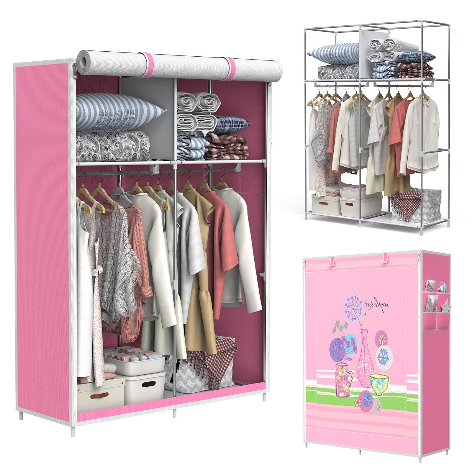 Kvago Portable Closet Wardrobe with Non-Woven Fabric Cover, Closet Storage Organizer, 2 Hanging Rods, Shelves, and Side Pockets, Pink