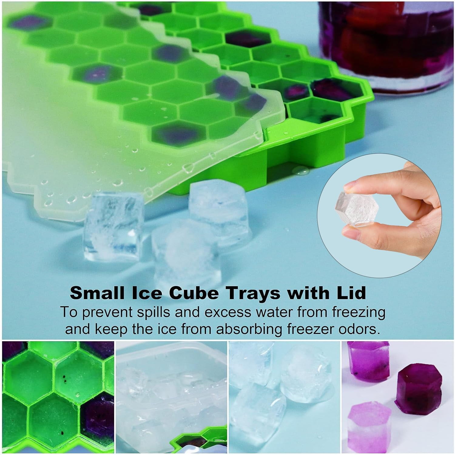 Ice Cube Trays for Freezer with Lid-Silicone Ice Cube Tray with Lid Ice Maker 2 Packs Green,Easy-Release Reusable Ice Cube in Organizer Bins or Ice Bucket for Cocktail bar or Iced Coffee Cup