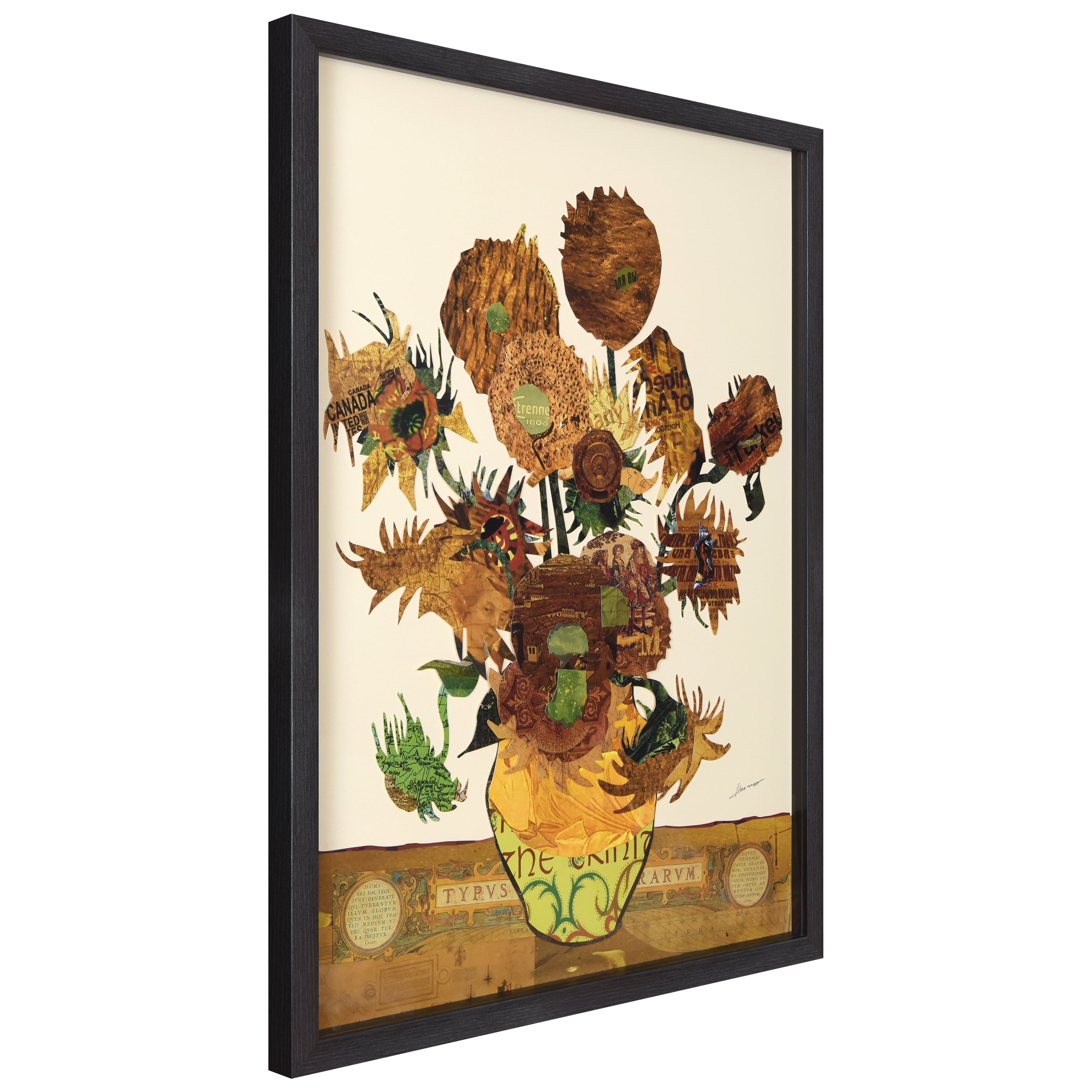 "Sunflower Embrace"Alex Zeng’s dimensional collage, under glass & a black shadow box frame