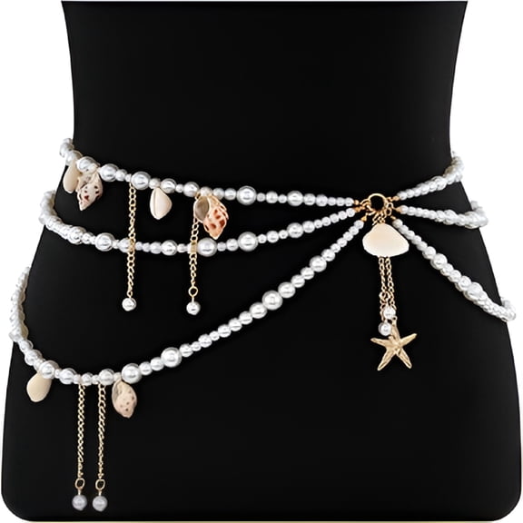 DESIGNICE Starfish Pearl Waist Chain Belts for Women Mermaids Seashell Pearl Belly Chain Gold Pirate Rave Festival Summer Bikini Beach Jewelry Accessories