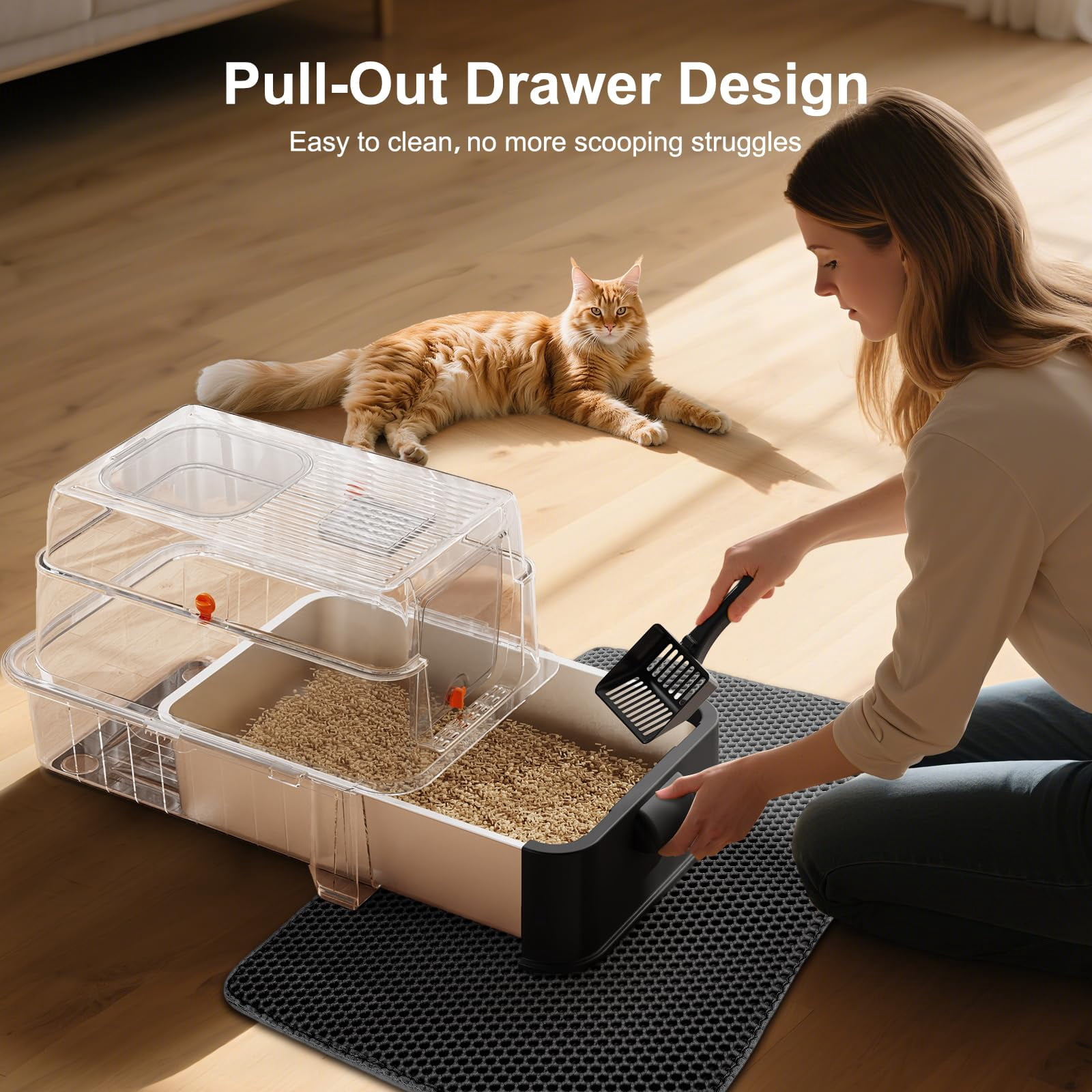 Black Stainless Steel XL Cat Litter Box With Lid, Drawer Enclosed Design For Big Cats