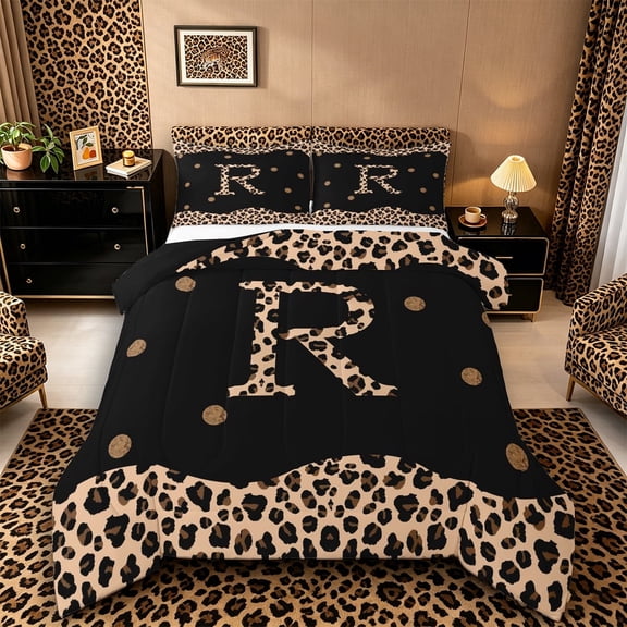 Meiyoeat Animal Leopard Letter R Queen Comforter Set 3pcs for Women Juniors, Classic Polka Dot Bedding Comforter Set for Bedroom, Black Beige Brown,Black Reversible