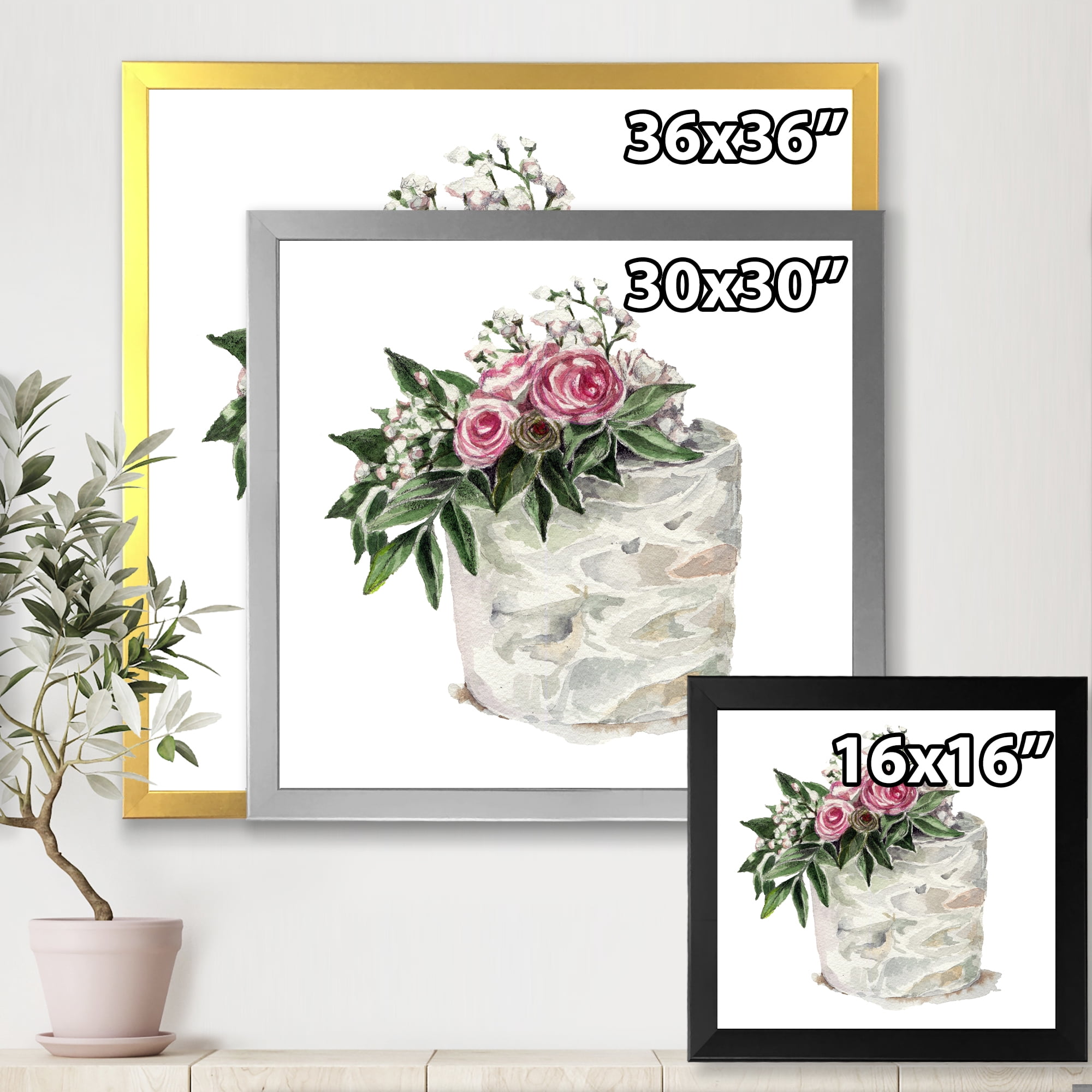 Designart 'White Flowers and Pink Roses On Cake' Traditional Framed Art Print