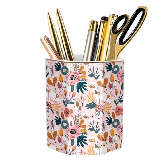 Portalápices Caddy WAVEYU de cerámica con motivos florales, 10 x 8 cm, color rosa