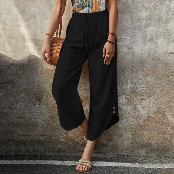 Women's Summer Wide Leg Linen Capris Drawstring Elastic Waist Loose Fitting Breathable Asymmetrical Hem Cropped Trousers Black M