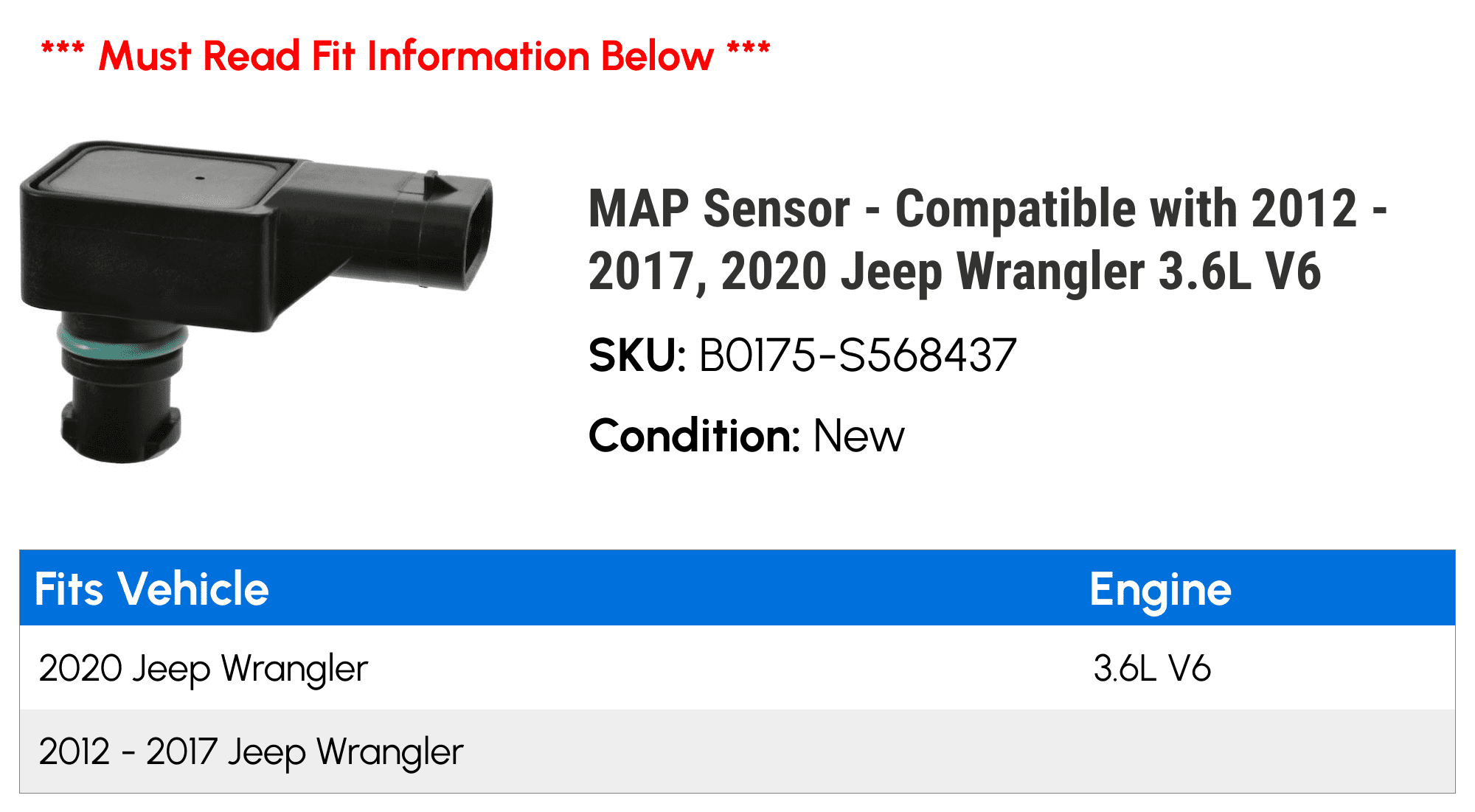 MAP Sensor - Compatible with 2012 - 2017, 2020 Jeep Wrangler 3.6L V6 2013 2014 2015 2016