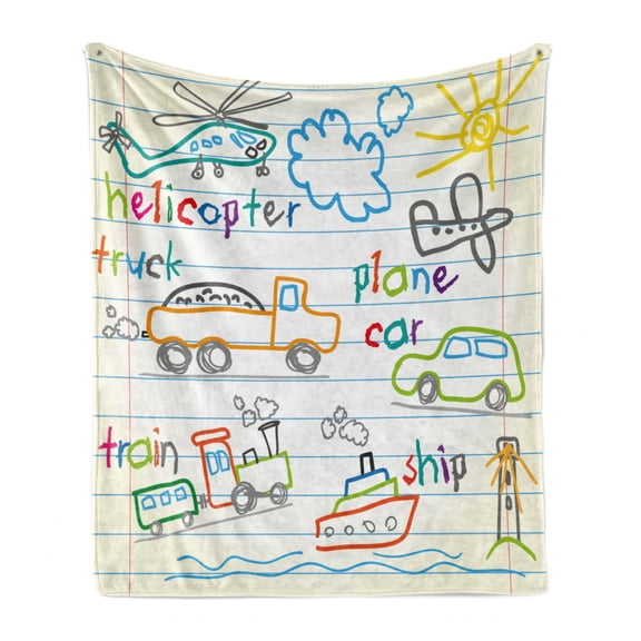 Educational Soft Flannel Fleece Throw Blanket, Child's Drawing of Colorful Transport Notebook Page Background Print, Cozy Plush for Indoor and Outdoor Use, 60" x 80", Multicolor, by Ambesonne