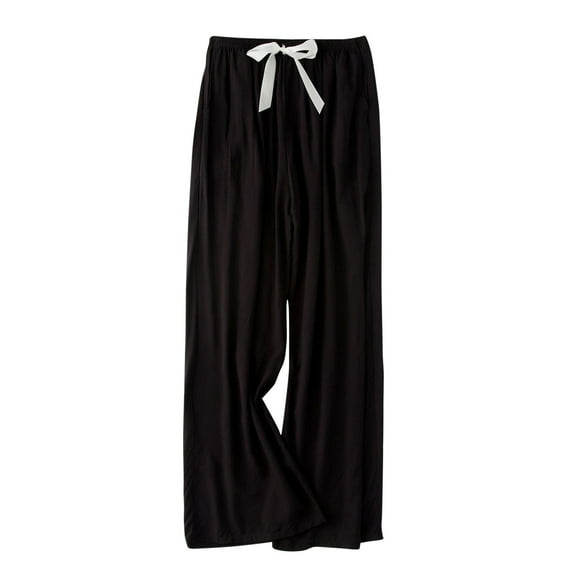 Annhoo Pajama Pants for Women Fall Casual Tie Elastic Waist Straight Leg Pants Lightweight Baggy Cotton Loungewear