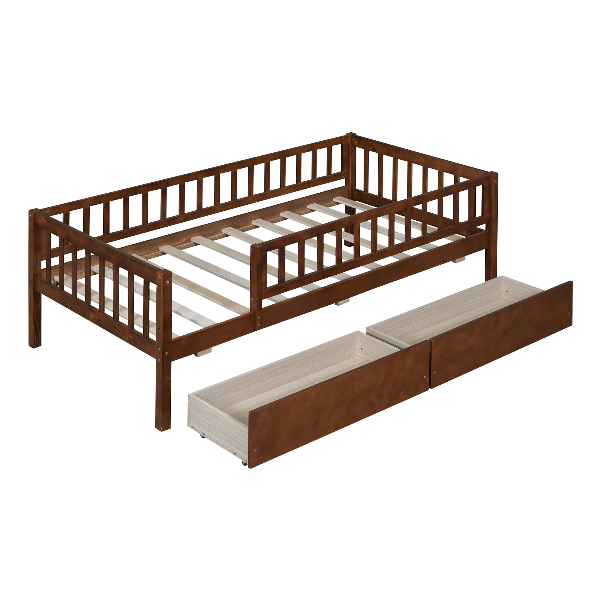 Holaki Twin Size Wood Bed with Guardrails and 2 Storage Drawers for Kids, Walnut