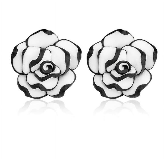 Black and White Rose Hand Crafted Clay Stud Earrings for Women 316 Steel Hypoallergenic