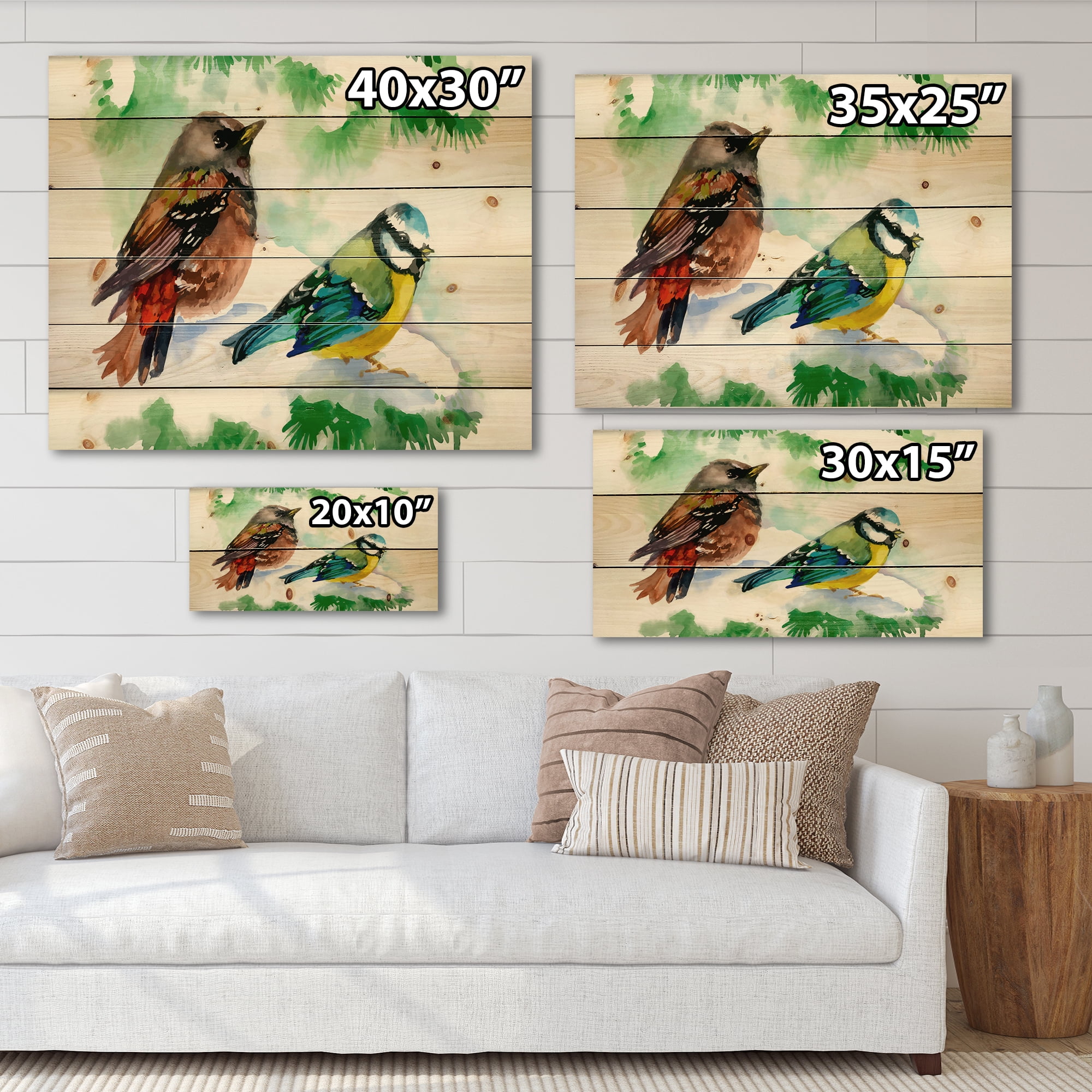 Designart 'Forest Birds Sitting On Snowy Fir Tree Branch' Traditional Print on Natural Pine Wood