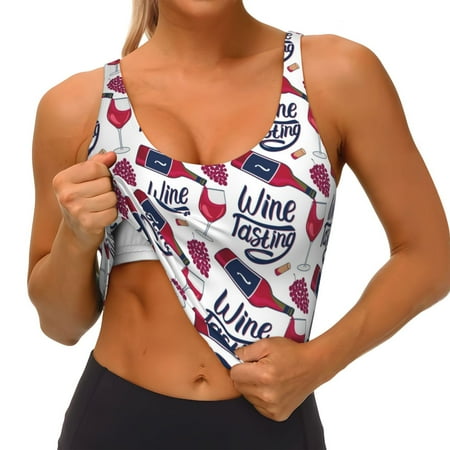 Qokaie Red Wine Glass Bottle Pattern Womens Scoop Neck Sports Bra Breathable Workout Vest Padded U Back Medium Impact Fitness Gym Yoga Bra Workout Crop Top