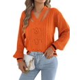 thumbnail image 2 of Women Vintage Knit V-Neck Hollow Contrast Stripe Lantern Long Sleeve Loose Knit Pullover Sweater Orange XL, 2 of 10