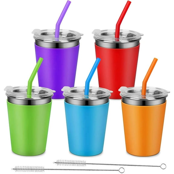5 Pack Kids Cups with Straws and Lids Leak Proof, 12 oz Spill Proof Stainless Steel Water Tumblers with Anti-Slip Sleeves for Hot or Cold Drinks