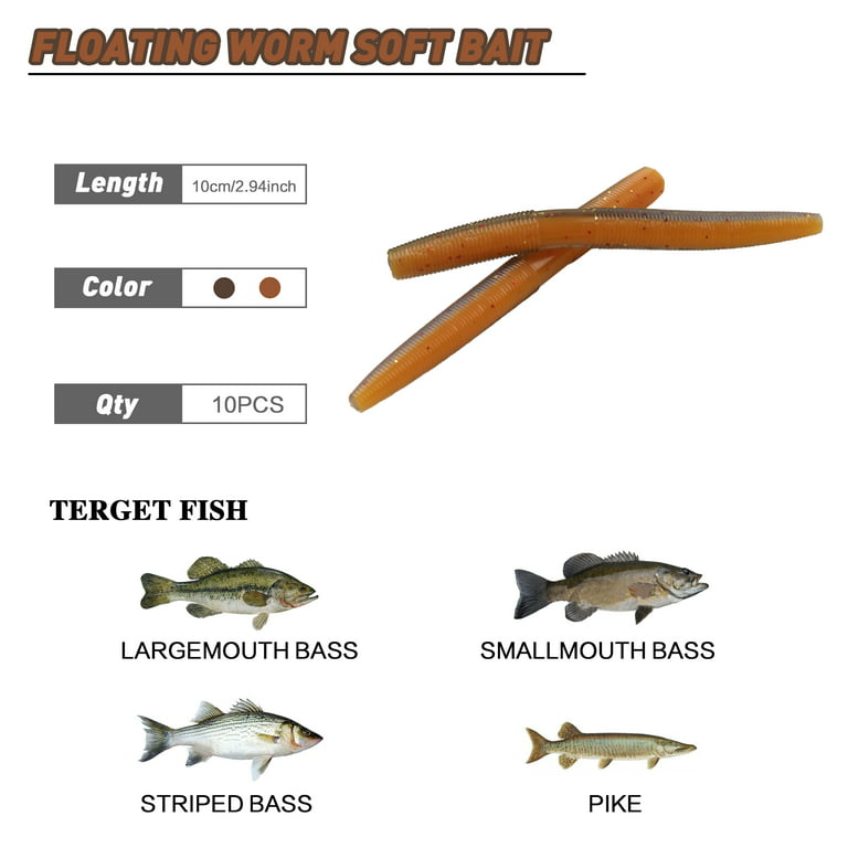 Wacky Worm Lure Bass Fishing Lure Kit - 10PCS Wacky Rig Worms Soft Plastic Stick  Bait for Wacky Rig Bass Lure 