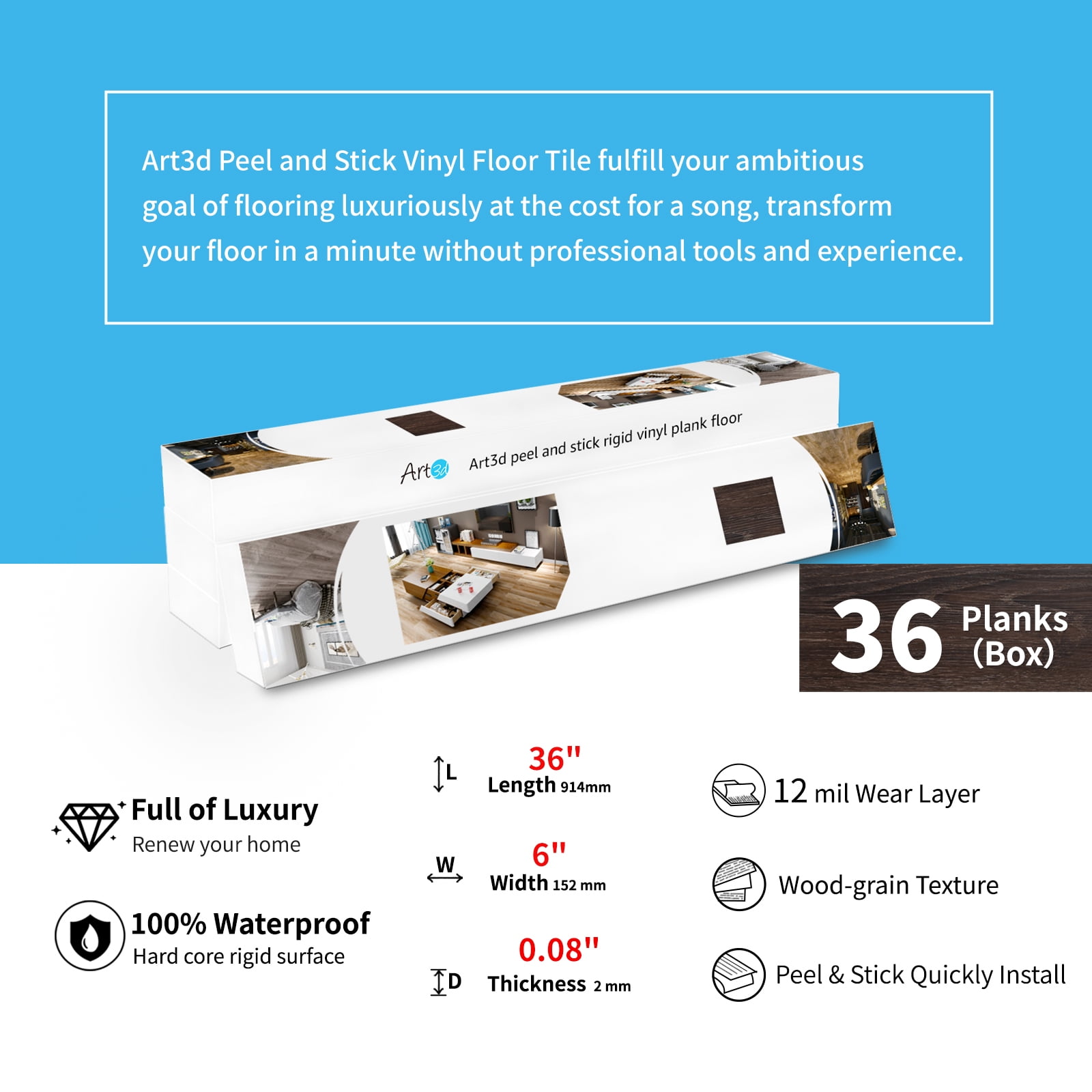 Art3d Peel and Stick Floor Tile Vinyl Wood Plank 36-Pack 54 Sq.Ft，Brown Stone，Rigid Surface Hard Core Adhesive Flooring