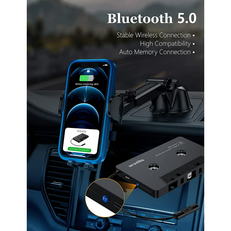  Reshow Bluetooth Cassette Adapter for Car with Stereo Audio,  Wireless Cassette Tape to Aux Adapter Smartphone Cassette Adapter (Black) :  Electronics