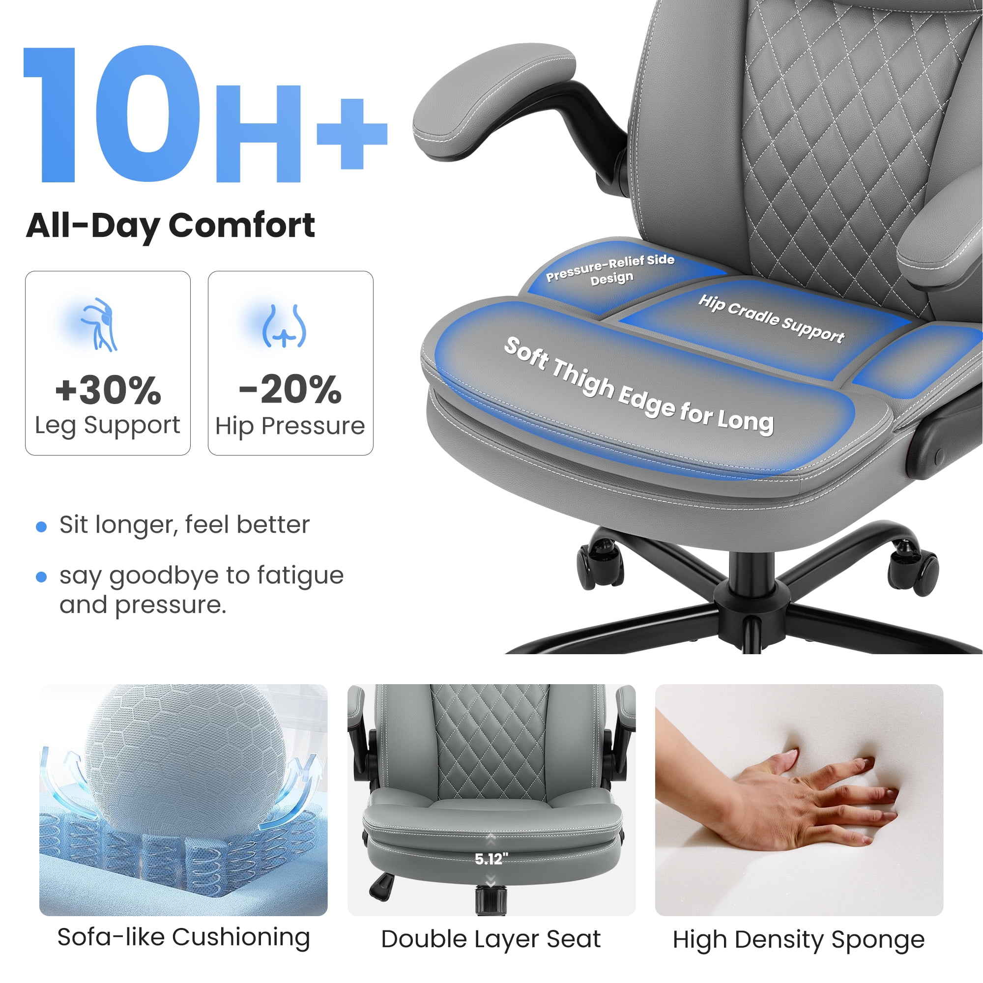 COOLHUT 400LBS Big and Tall Office Chair, Executive PU Leather Desk Chair Thick Seat Cushion and Neckrest, Support 8 Hours Heavy Duty Design, 8-Years Warranty, Gray