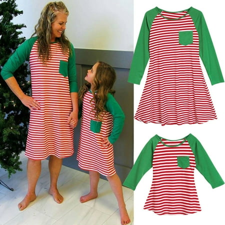 

Christmas Casual Mother Daughter Winter Red Striped Maxi Dress Family Matching Pajamas Nightgown Dress