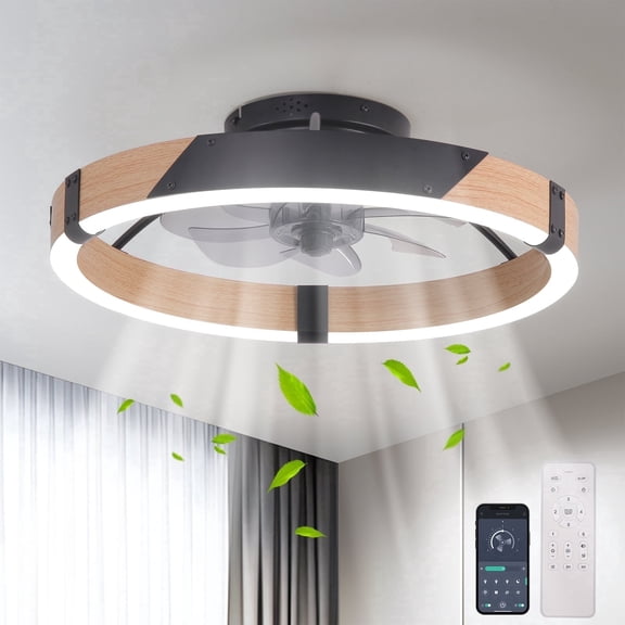 Garwarm Ceiling Fans with Lights and Remote, 20'' Low Profile Ceiling Fan with Light, 3000-6000K Dimmable Fandelier LED Fan Light, 6 Wind Speeds, Black Wood Modern Flush Mount Ceiling Fan for Bedroom