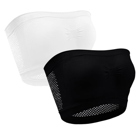 Tbopshirt 2 Pack Strapless Bras for Women Bandeau Bra No Padding Seamless Wireless Push Up Bra Ruched Front Breathable Mesh Side Comfort Tube Top Basic Bralette Top