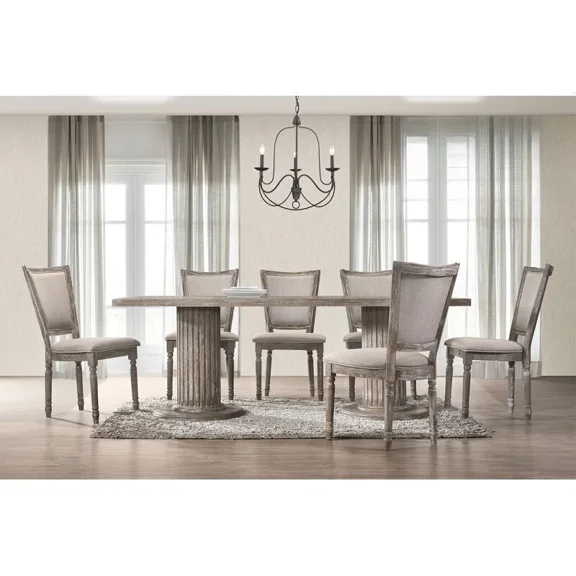 Antique Rustic Wood 7pc Dining Set, 84" Solid Wood Pedestal Dining Table with 6 Upholstered Parson Chairs