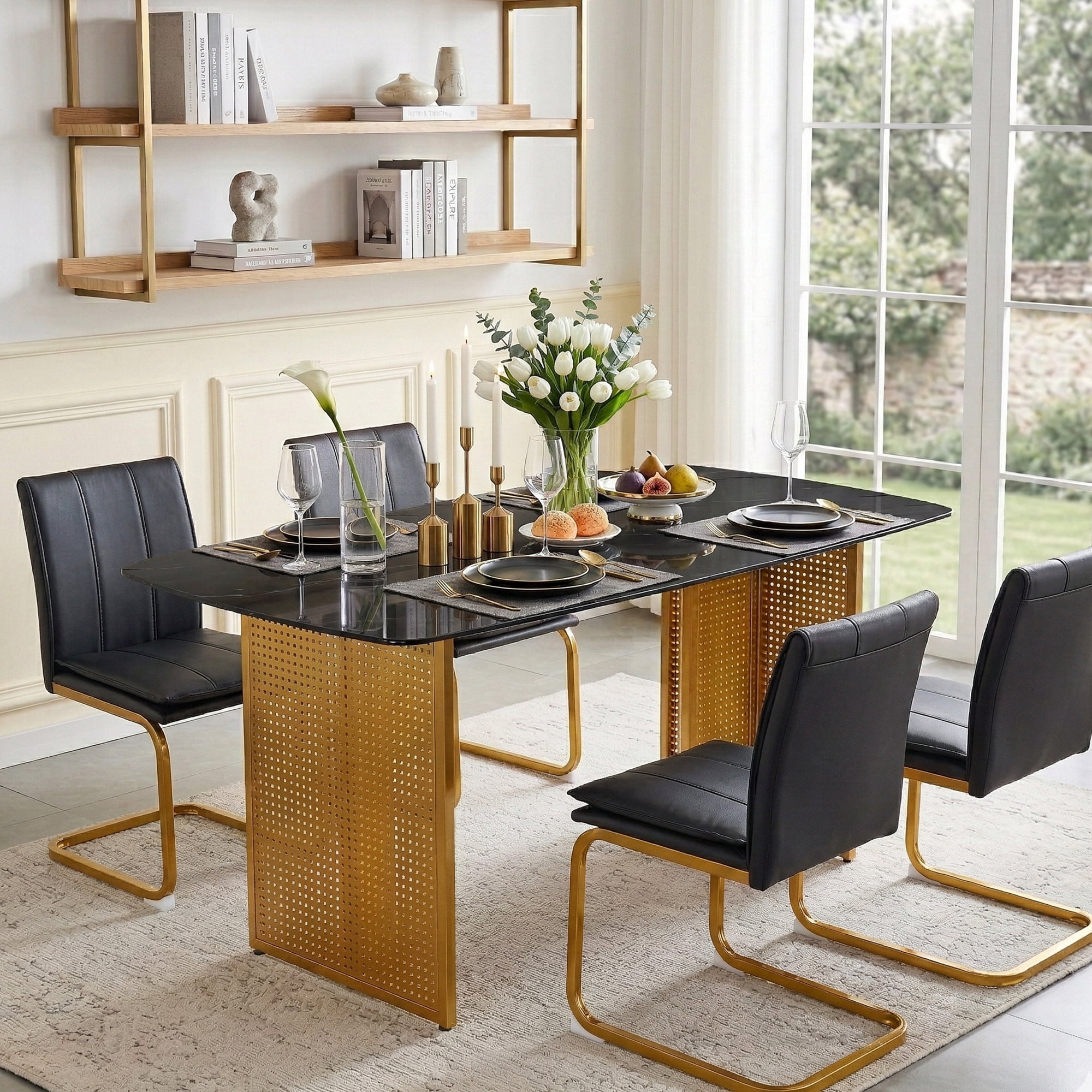 Euroco 51.2inch Glass Dining Table for 6,Rectangular Kitchen Table with Marble-Patterned Design and Metal Legs for Kitchen Living Room,Black